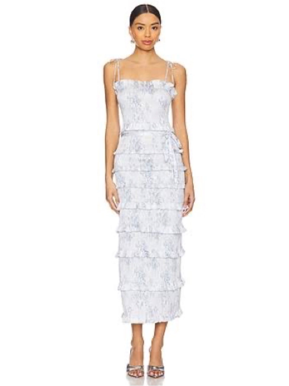 V. Chapman Lily Dress Blue Tapestry Rose Ruched Ruffle Midi Dress Size 0
